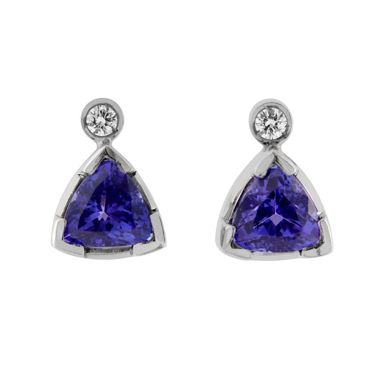 Orecchini A Stella In Oro Bianco 9kt (375) Con Pietre CZ Viola Tanzanite - Ago 0,65mm, Cristallo 6mm, Lunghezza 13mm